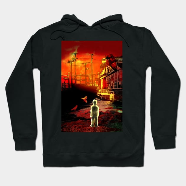 Red Wat Shod boy and birds in a wasteland Hoodie by sandpaperdaisy